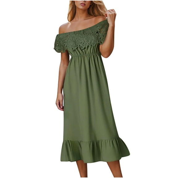 Flowy Dresses For Women Sevevn Women's Summer Short Dresses Short Sleeve Solid Color Loose Off-Shoulder Midi Dress Casual Dresses For Women