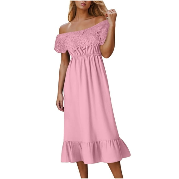 Flowy Dresses For Women Sevevn Women's Summer Short Dresses Short Sleeve Solid Color Loose Off-Shoulder Midi Dress Casual Dresses For Women