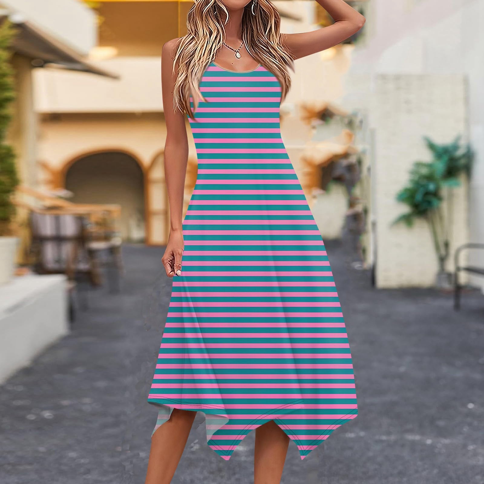 DENGDENG Flowy Dresses Women 2024 Trendy Handkerchief Hem Casual Beach Dress Printed Summer Sleeveless Tank Midi Dress Midi Dress Dark Blue M Walmart