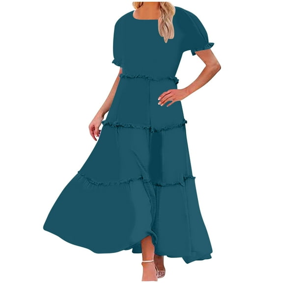 Flowy Dresses For Women Sevevn Women 2025 Summer Crewneck Ruffle Sleeve Midi Dress Casual Polka Dot Boho Long Dress Beach Sundress Womens Dresses Spring