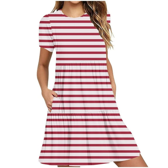 Flowy Dresses for Women Loose Crewneck Short Sleeve Stripe Print Dress Casual Plus Size Flowy Short Beach Dress with Pockets Holiday shop