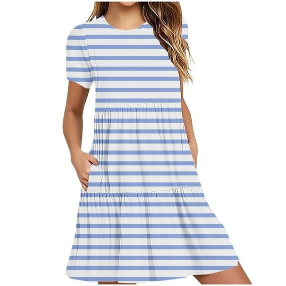Flowy Dresses for Women Loose Crewneck Short Sleeve Stripe Print Dress Casual Plus Size Flowy Short Beach Dress with Pockets Holiday&nbsp;shop