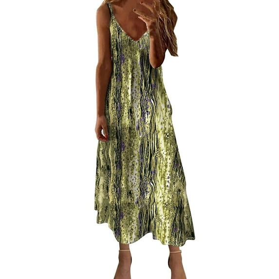 Flowy Dresses for Women, Summer Dresses For Women Print Sleeveless Round Neck Dress Casual Dresses Family Gifts Yellow S