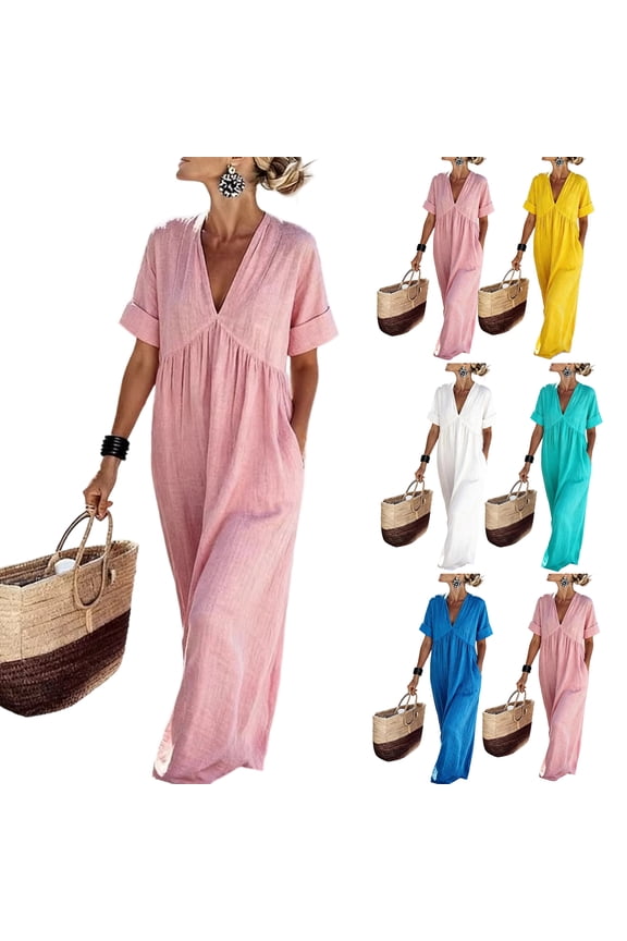Flowy Dresses for Women V Neck Short Sleeve Shift Maxi Boho Casual Daily Wear Summer Trendy Beach Vacation Womens Dress 2026 Yellow S