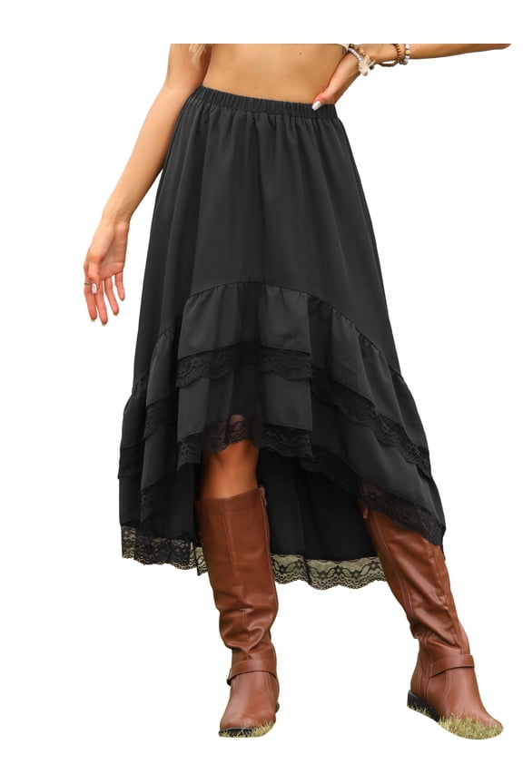 Flowy Fairy Skirt for Women Asymmetrical Lace Ruffled High Waist Vintage Skirts M Black