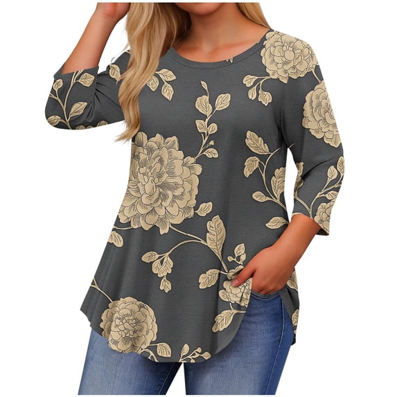 Flowy Graphic Tees Womens Plus Size 3/4 Length Sleeve Tshirts Casual Trendy Going Out Tops(Dark Gray, 5XL)