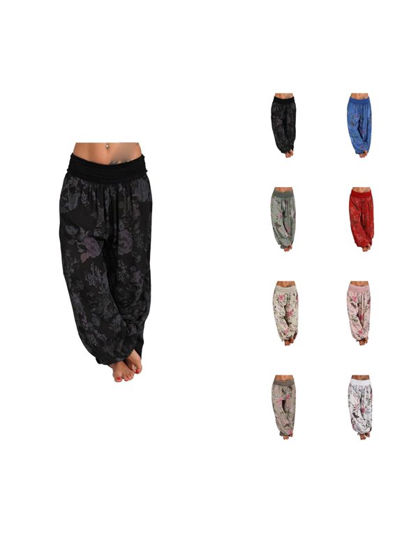 Flowy Harem Pants for Women 2026 Spring Summer Floral Print Loose Fit Elastic Waist Wide Leg Boho Pants Casual Trousers