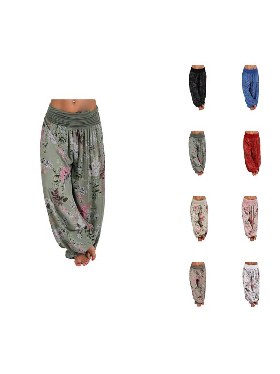 Flowy Harem Pants for Women 2026 Spring Summer Floral Print Loose Fit Elastic Waist Wide Leg Boho Pants Casual Trousers