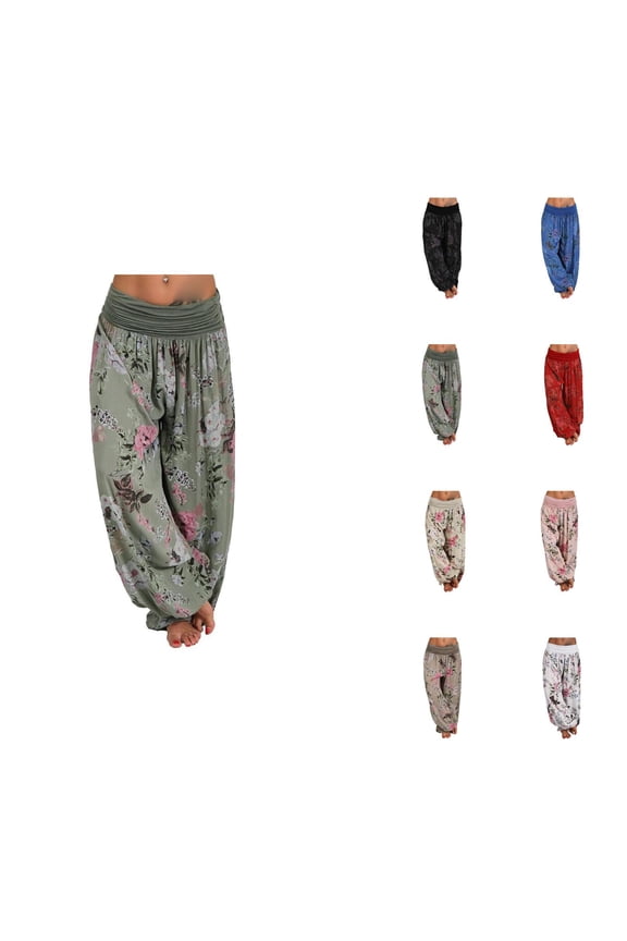 Flowy Harem Pants for Women 2026 Spring Summer Floral Print Loose Fit Elastic Waist Wide Leg Boho Pants Casual Trousers
