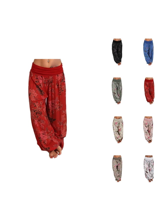 Flowy Harem Pants for Women 2026 Spring Summer Floral Print Loose Fit Elastic Waist Wide Leg Boho Pants Casual Trousers