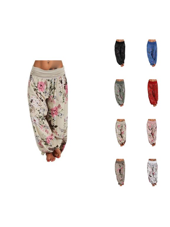 Flowy Harem Pants for Women 2026 Spring Summer Floral Print Loose Fit Elastic Waist Wide Leg Boho Pants Casual Trousers