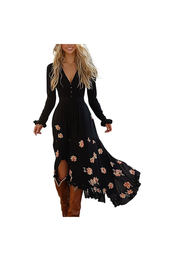 Flowy High Low Western Dress for Women Asymmetrical Hem Sexy Deep V Neck Long Sleeve Boho Floral Cowgirl Dresses