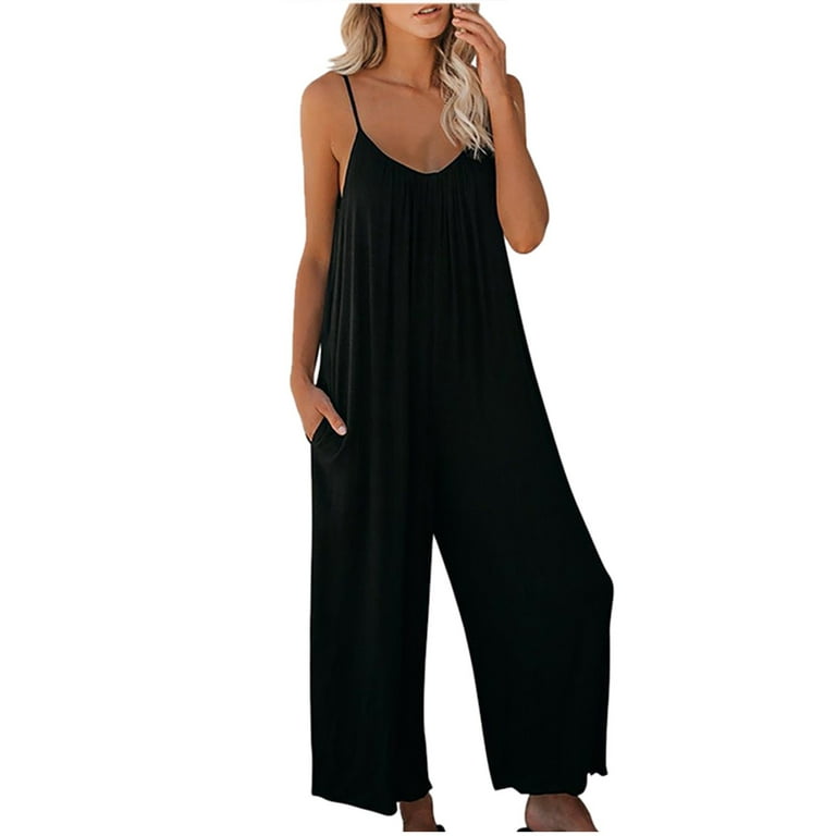 Flowy Jumpsuit, Summer Romper For Women Casual Sleeveless Wide Leg Rompers  Adjustable Spaghetti Strap Stretchy Jumpsuits With Pockets Corduroy  Overalls 
