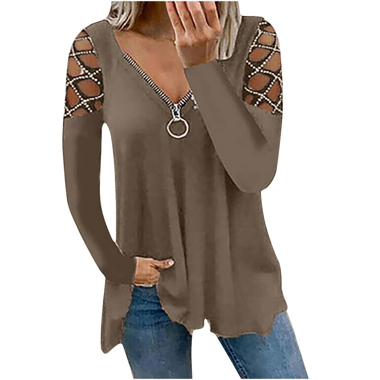 Flowy Long Sleeve Shirts Dressy Tunic Tops to Wear with Leggings Sexy  Hollow out Shoulder Long Shirt Comfy V-Neck Solid Plus Size Tops for Women  Khaki