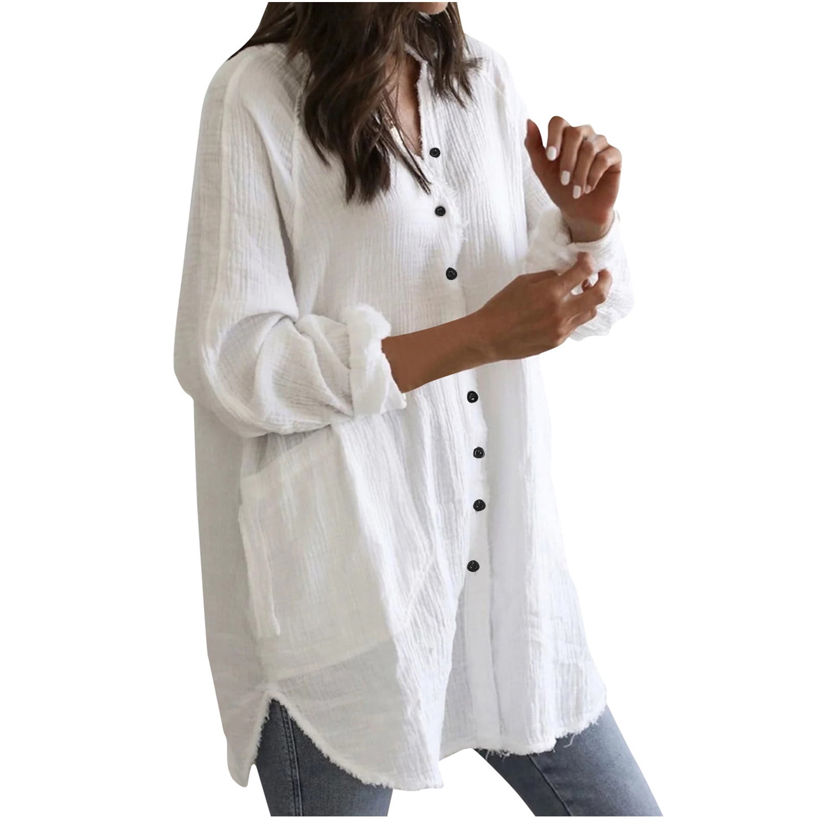 Flowy Long Sleeve Shirts Tunic Tops to Wear Dressy Hide Belly Long Shirt Plus Size for Women V-Neck Solid Comfy White S - Walmart.com