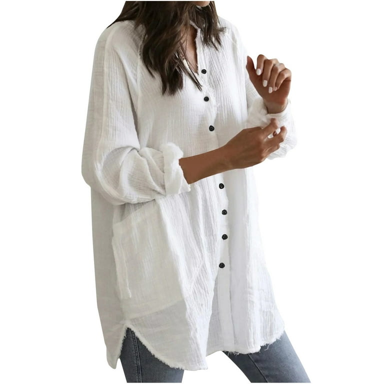 Flowy Long Sleeve Shirts Tunic Tops to Wear with Leggings Dressy Hide Belly Long  Shirt Plus Size Tops for Women V-Neck Solid Comfy White S 