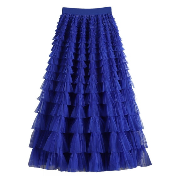 Flowy Maxi Skirt Mesh Stitching Solid Color Four Season Cute Puffy Skirt Long Skirt A Line Skirts Women Blue M