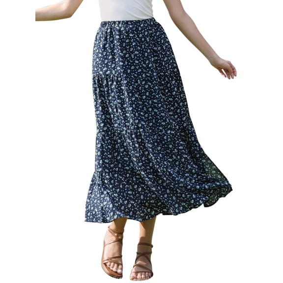 INSPIRE CHIC Flowy Maxi Skirt for Women Summer Elastic High Waisted Casual A-Line Long Skirts M Dark Blue
