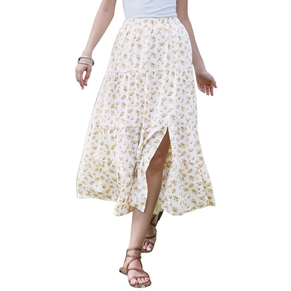 Flowy Maxi Skirt for Women Summer Elastic High Waisted Casual A-Line Long Skirts XS Beige