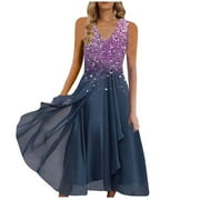 NEBZCIV Flowy Midi Dress for Women Elegant Party Cocktail Flowers Print Chiffon Sleeveless V Neck Tank Irregular Hem Gown (X-Large, Purple)