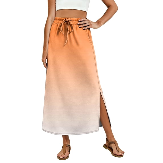Flowy Ombre Long Skirt for Women, High Rise Elastic Waist Slit Skirt with Pockets, Casual Summer Vacation Beach Wear, Gradient Print