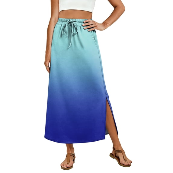 Flowy Ombre Long Skirt for Women, High Rise Elastic Waist Slit Skirt with Pockets, Casual Summer Vacation Beach Wear, Gradient Print
