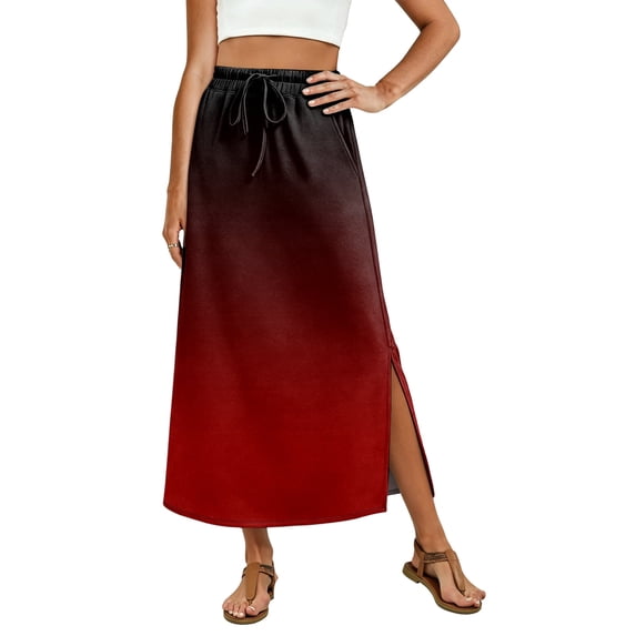 Flowy Ombre Long Skirt for Women, High Rise Elastic Waist Slit Skirt with Pockets, Casual Summer Vacation Beach Wear, Gradient Print