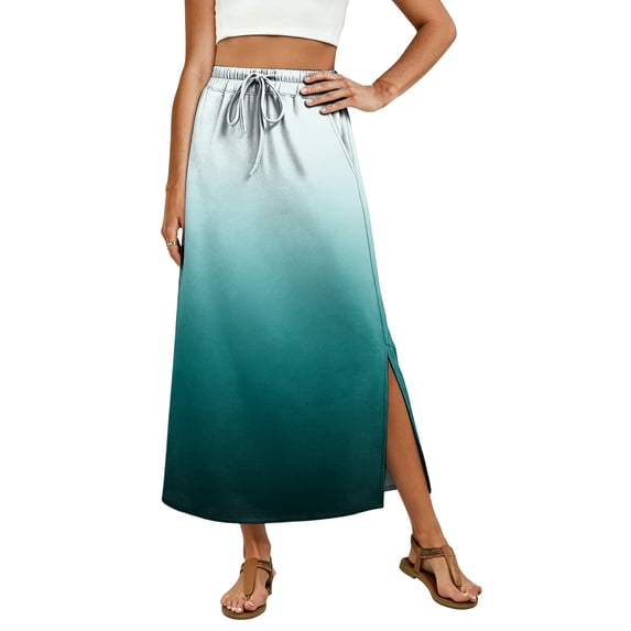Flowy Ombre Long Skirt for Women, High Rise Elastic Waist Slit Skirt with Pockets, Casual Summer Vacation Beach Wear, Gradient Print