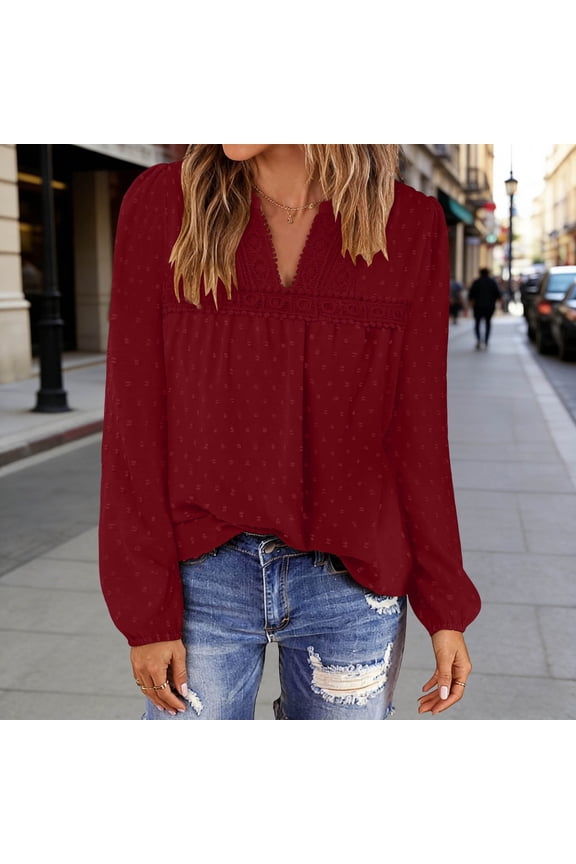 Flowy Oversized Tops for Women New Cute Boho Tops for Women V Neck Blouses Flowy Dressy Casual Lace Long Sleeve Shirts Fashion Comfy Basic Blouse Style B-1 Wine XXL