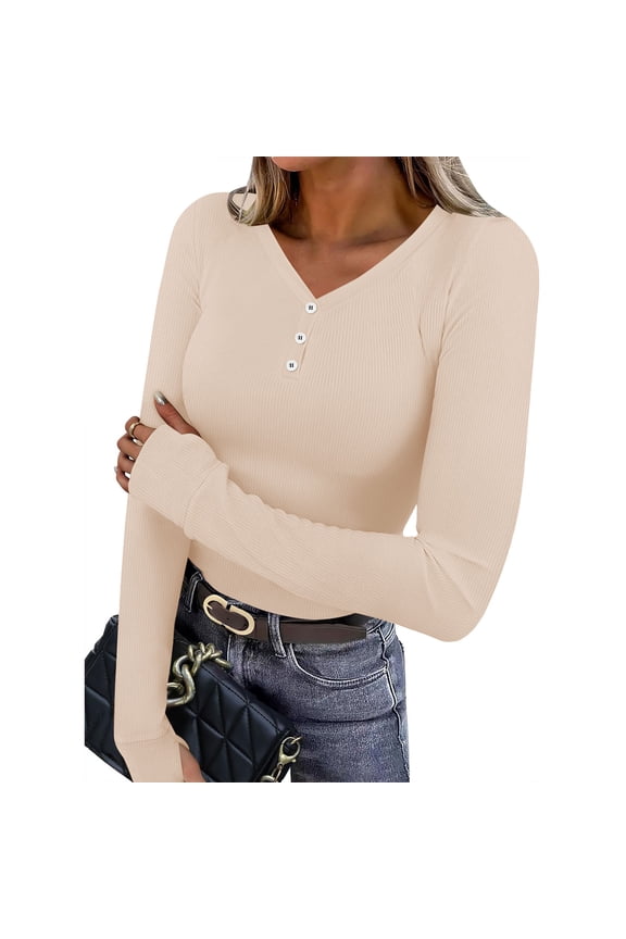 Flowy Oversized Tops for Women New Long Sleeve Shirts for Women Button down Tops Business Casual Tshirt Sports Workout Tees with Thumb Holes Style B-9 Beige M