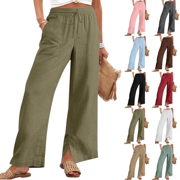Flowy Palazzo Pants for Women High Waisted Wide Leg Lounge Drawstring Trousers Casual Spring 2025 Boho Elastic Waist Beach Vacation Pants Dark Green M