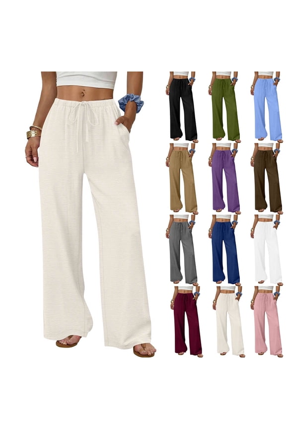 Flowy Palazzo Pants for Women with Pockets Casual Wide Leg Pants Lounge Cruise Beach Vacation Clothes Uncuffed Elastic Waist Boho Trousers, Beige, 30" Inseam, S