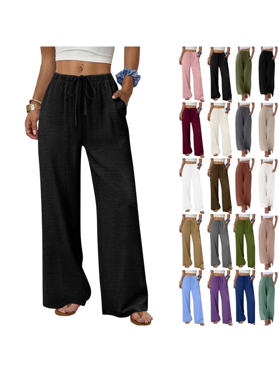 Flowy Palazzo Pants for Women with Pockets Casual Wide Leg Pants Lounge Cruise Beach Vacation Clothes Uncuffed Elastic Waist Boho Trousers, Black, 30" Inseam, L