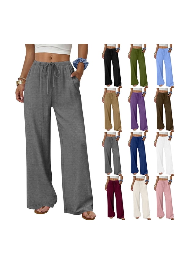 Flowy Palazzo Pants for Women with Pockets Casual Wide Leg Pants Lounge Cruise Beach Vacation Clothes Uncuffed Elastic Waist Boho Trousers, Gray, 30" Inseam, L