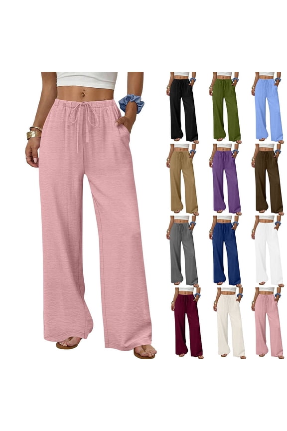 Flowy Palazzo Pants for Women with Pockets Casual Wide Leg Pants Lounge Cruise Beach Vacation Clothes Uncuffed Elastic Waist Boho Trousers, Pink, 31" Inseam, XL