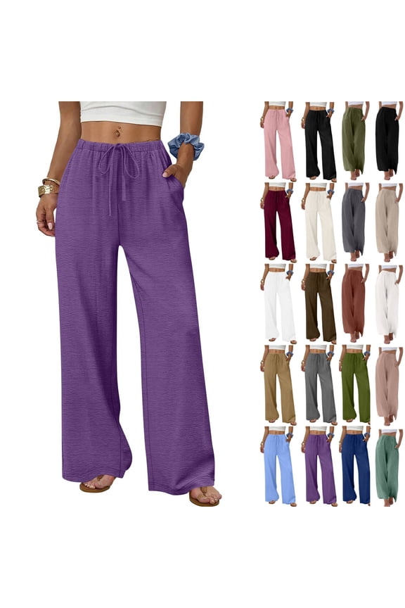 Flowy Palazzo Pants for Women with Pockets Casual Wide Leg Pants Lounge Cruise Beach Vacation Clothes Uncuffed Elastic Waist Boho Trousers, Purple, 31" Inseam, XL