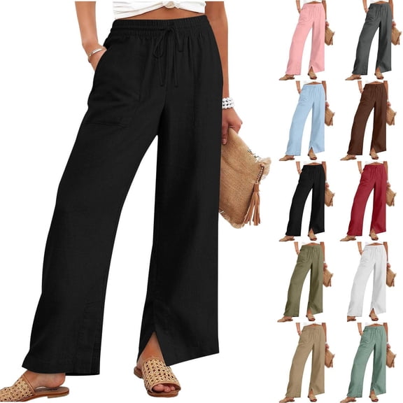 Flowy Palazzo Pants for Women High Waisted Wide Leg Lounge Drawstring Trousers Casual Spring 2025 Boho Elastic Waist Beach Vacation Pants Black 3XL