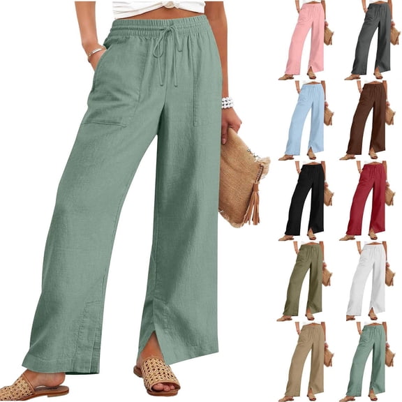 Flowy Palazzo Pants for Women High Waisted Wide Leg Lounge Drawstring Trousers Casual Spring 2025 Boho Elastic Waist Beach Vacation Pants Green S