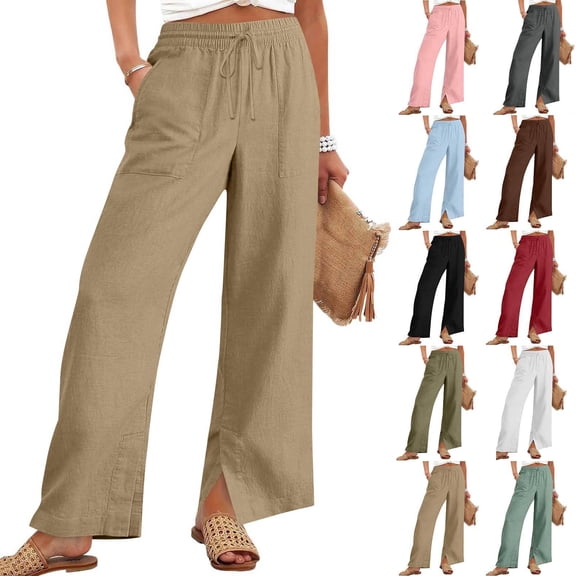 Flowy Palazzo Pants for Women High Waisted Wide Leg Lounge Drawstring Trousers Casual Spring 2025 Boho Elastic Waist Beach Vacation Pants Khaki M
