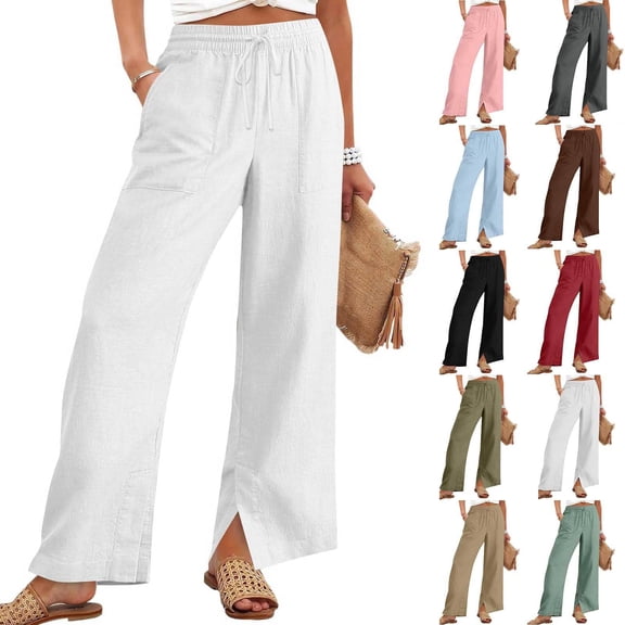 Flowy Palazzo Pants for Women High Waisted Wide Leg Lounge Drawstring Trousers Casual Spring 2025 Boho Elastic Waist Beach Vacation Pants White M