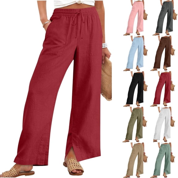 Flowy Palazzo Pants for Women High Waisted Wide Leg Lounge Drawstring Trousers Casual Spring 2025 Boho Elastic Waist Beach Vacation Pants Wine 3XL