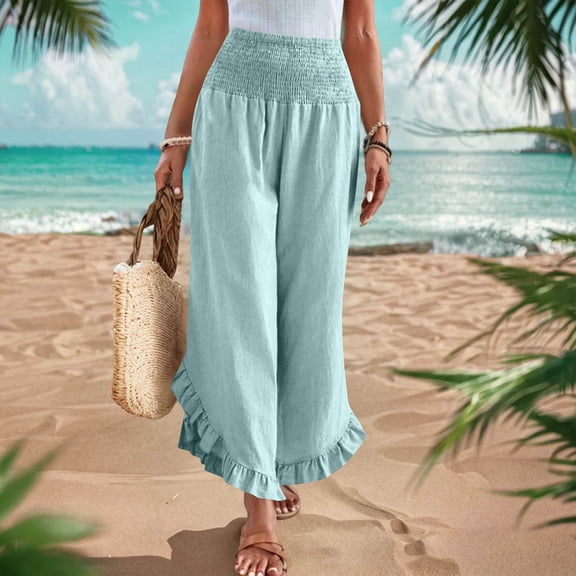 Flowy Pants For Women Solid Color Ruffled Hem High Waist Casual Elastic Waist Long Pants With A Feminine Flounce At The Hem For A Soft Boho Look Palazzo Pants For Women