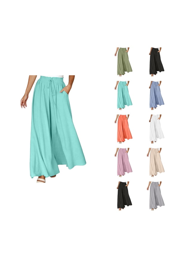 Flowy Pants for Women 2025 Elastic High Waist Drawstring Wide Leg Palazzo Pants with Pockets Casual Trousers