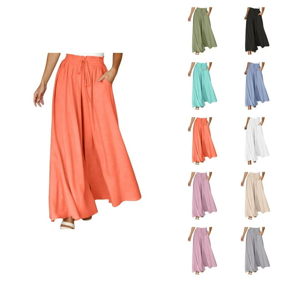 Flowy Pants for Women 2025 Elastic High Waist Drawstring Wide Leg Palazzo Pants with Pockets Casual Trousers