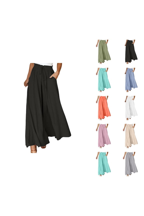 Flowy Pants for Women 2025 Elastic High Waist Drawstring Wide Leg Palazzo Pants with Pockets Casual Trousers