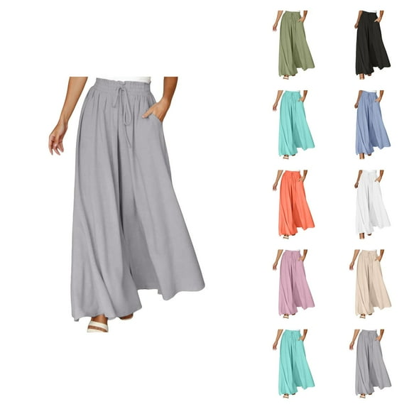 Flowy Pants for Women 2025 Elastic High Waist Drawstring Wide Leg Palazzo Pants with Pockets Casual Trousers