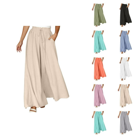 Flowy Pants for Women 2025 Elastic High Waist Drawstring Wide Leg Palazzo Pants with Pockets Casual Trousers