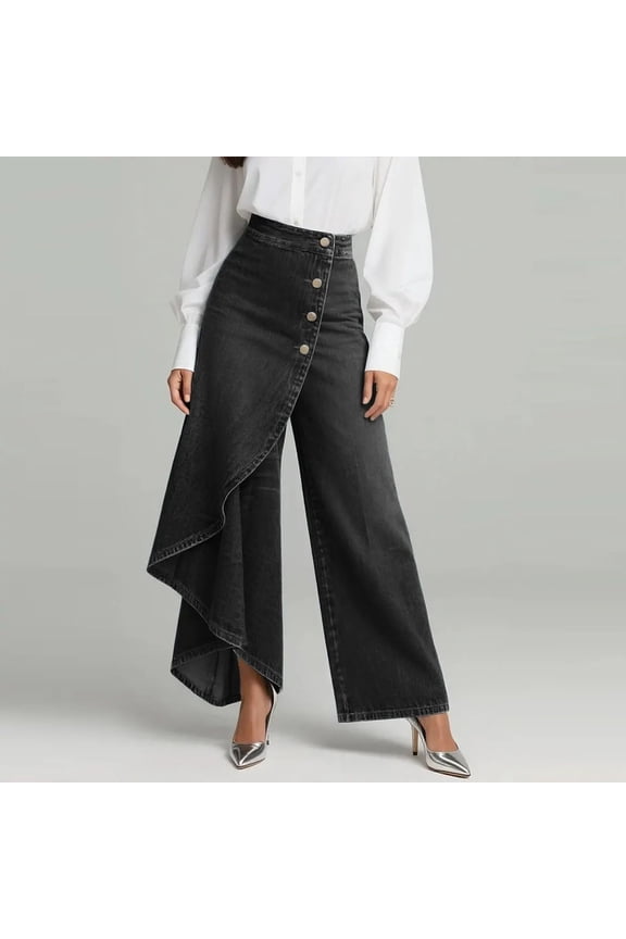 Flowy Pants for Women Button Up High Waisted Wide Leg Pants Trendy Side Split Slit Summer Straight Leg Trousers