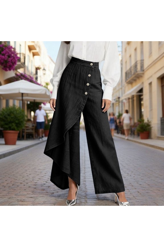Flowy Pants for Women Button Up High Waisted Wide Leg Pants Trendy Side Split Slit Summer Straight Leg Trousers