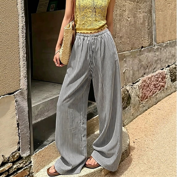 Flowy Pants for Women Linen Stripe Print Drawstring High Waist Wide Leg Pants Loose Summer Casual Palazzo Trousers